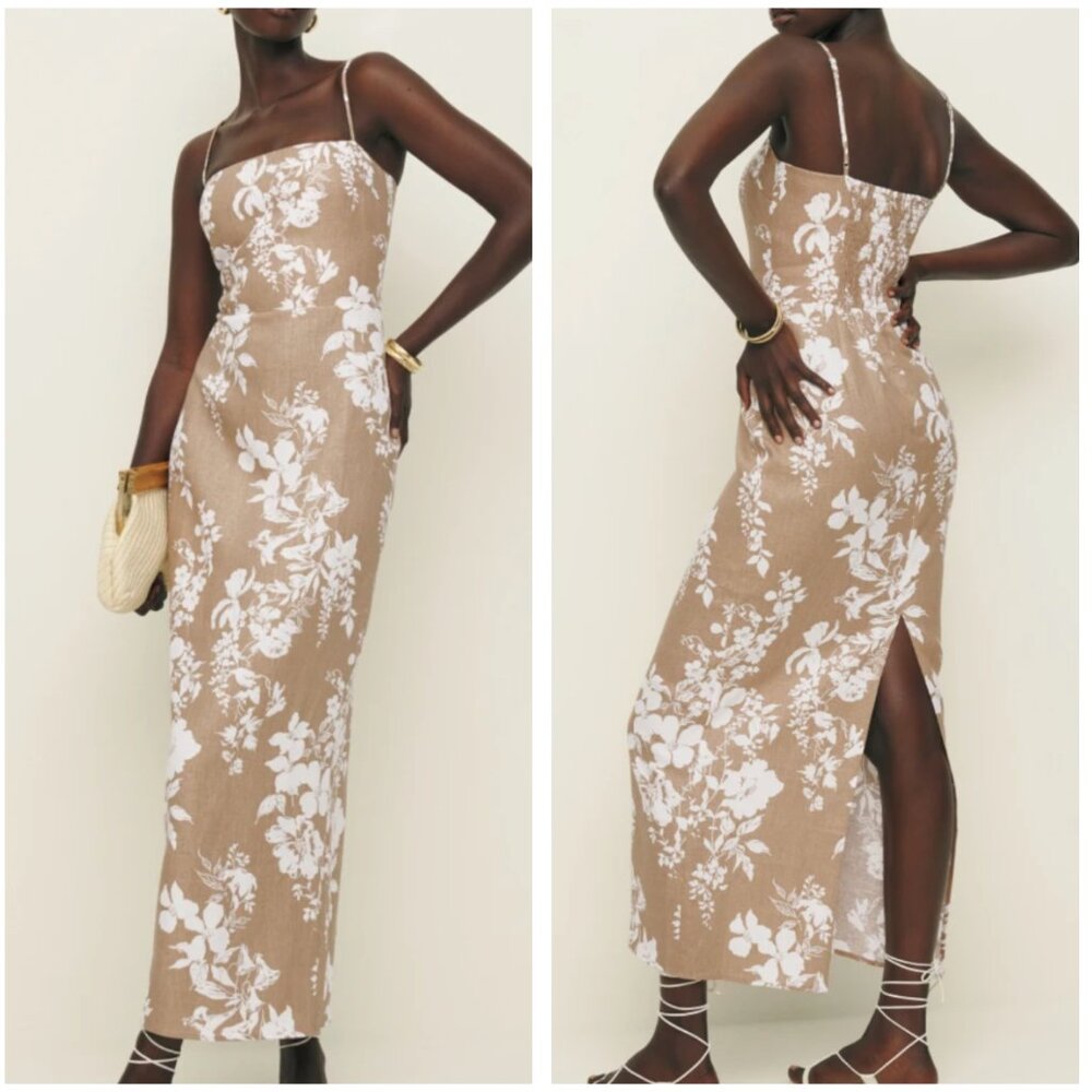 NEW Reformation Frankie Linen Midi Dress Sz4 Dune Floral Beige